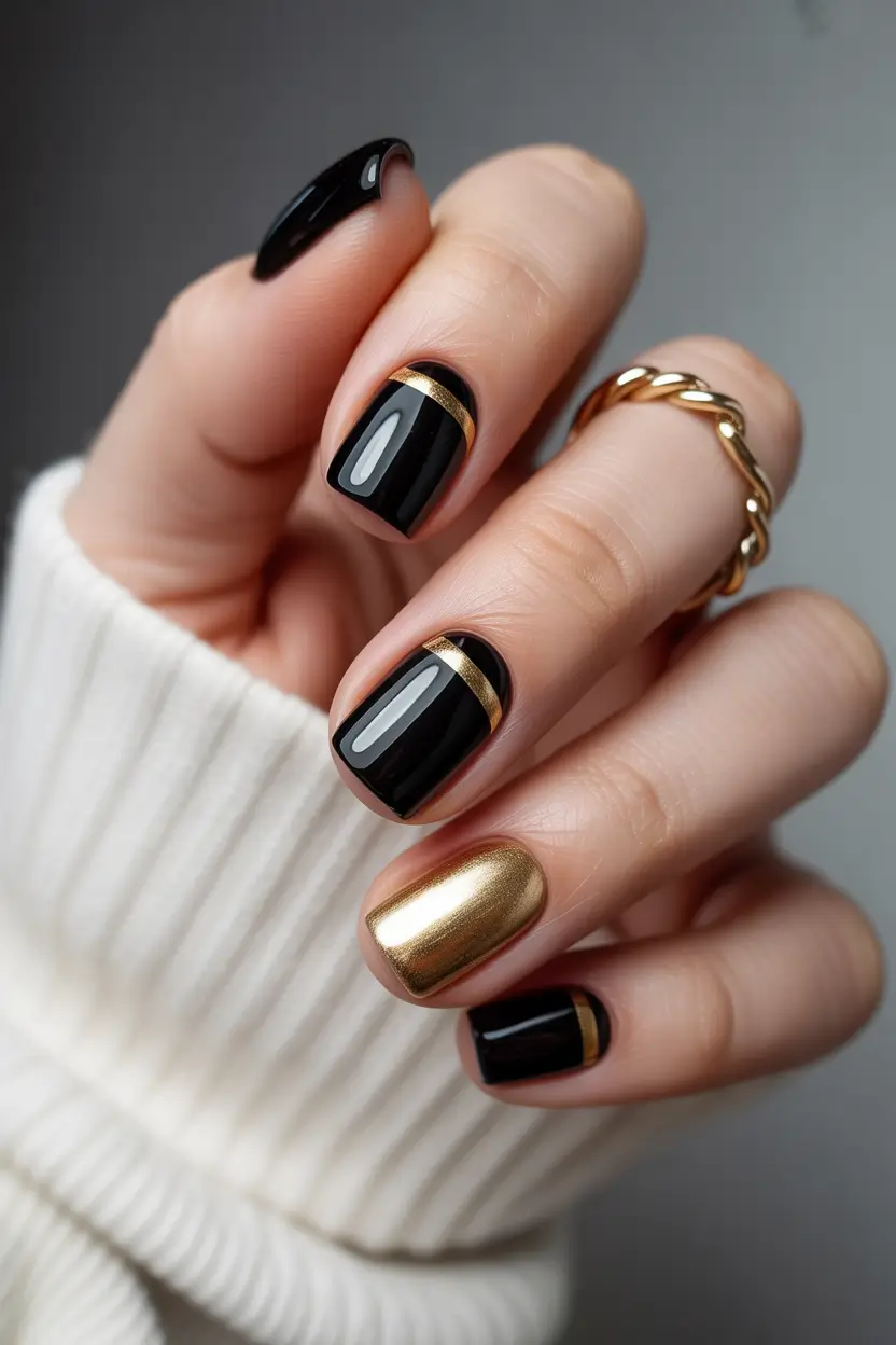 Trendy Black Nail Ideas for Christmas 2025 Black and Gold Half-Moon Luxe
