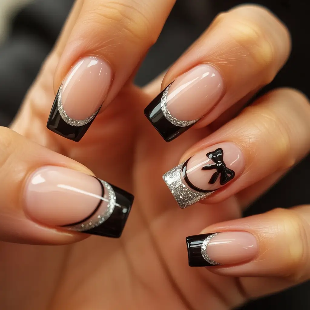 Trendy Black Nail Ideas for Christmas 2025 Silver Bow French Charm