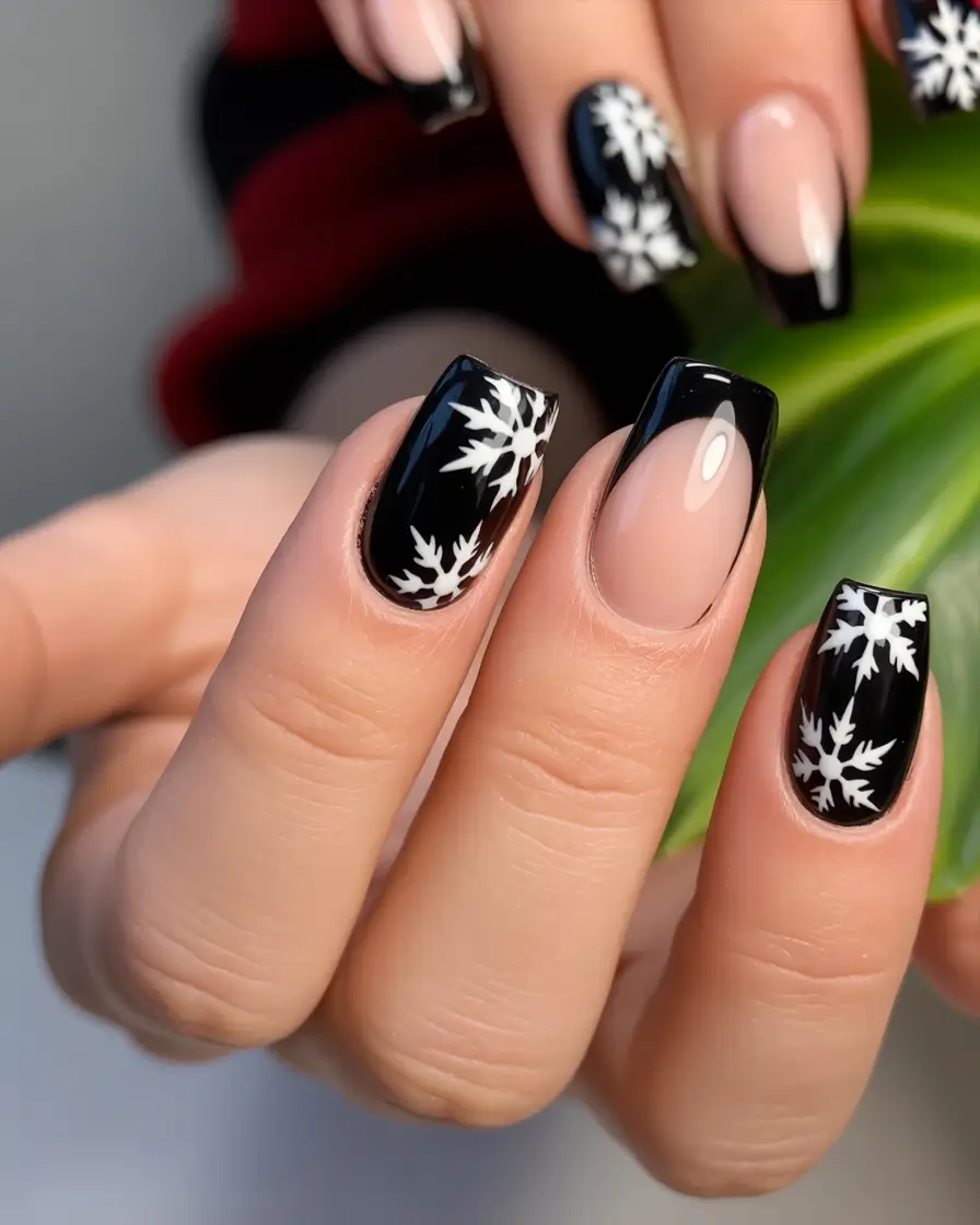 Trendy Black Nail Ideas for Christmas 2025 Frosty Snowflake French