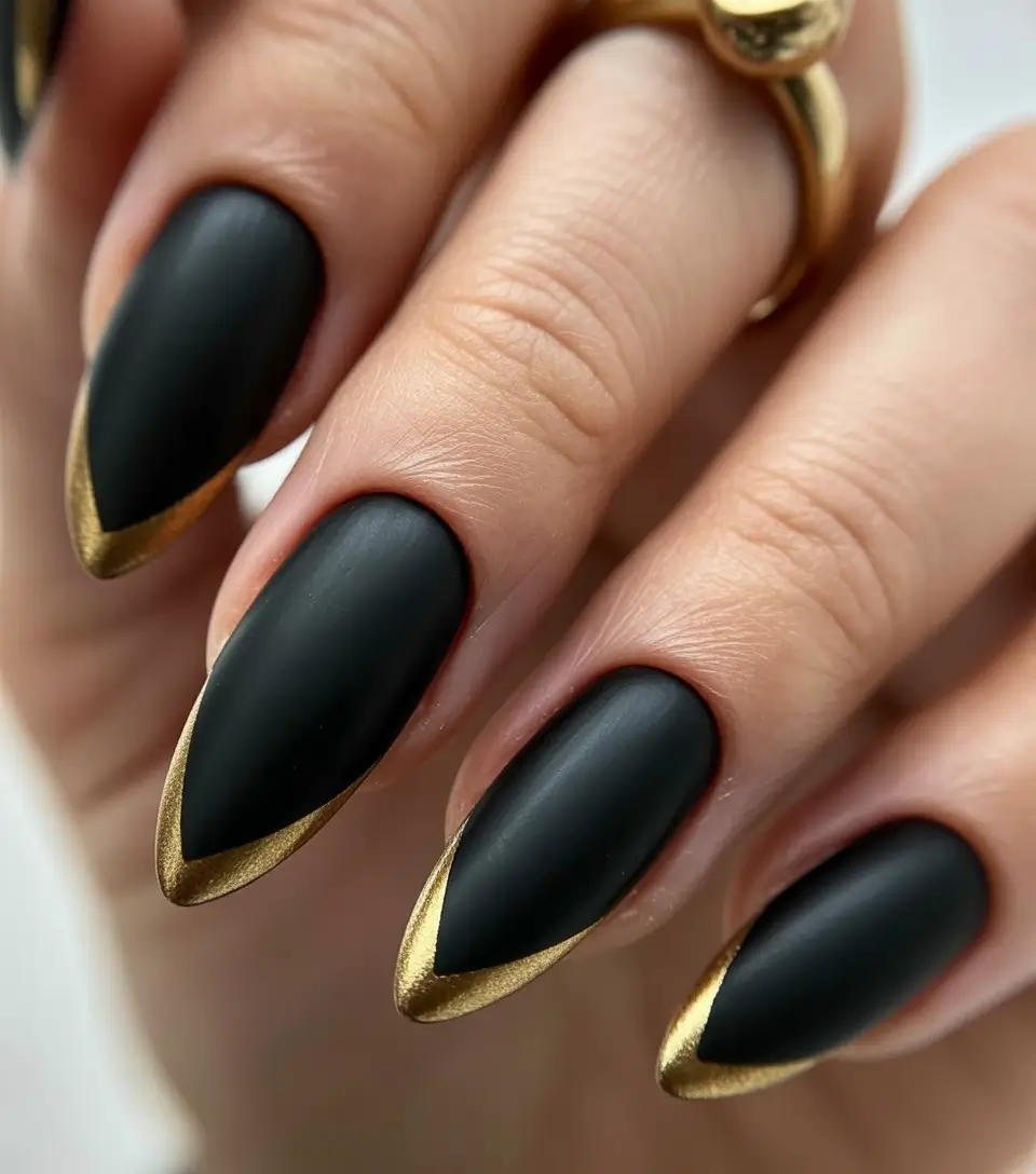 Trendy Black Nail Ideas for Christmas 2025 Matte Black and Gold-Tipped Drama