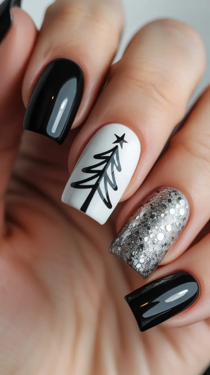 Trendy Black Nail Ideas for Christmas 2025 Monochrome Magic with Silver Sparkle