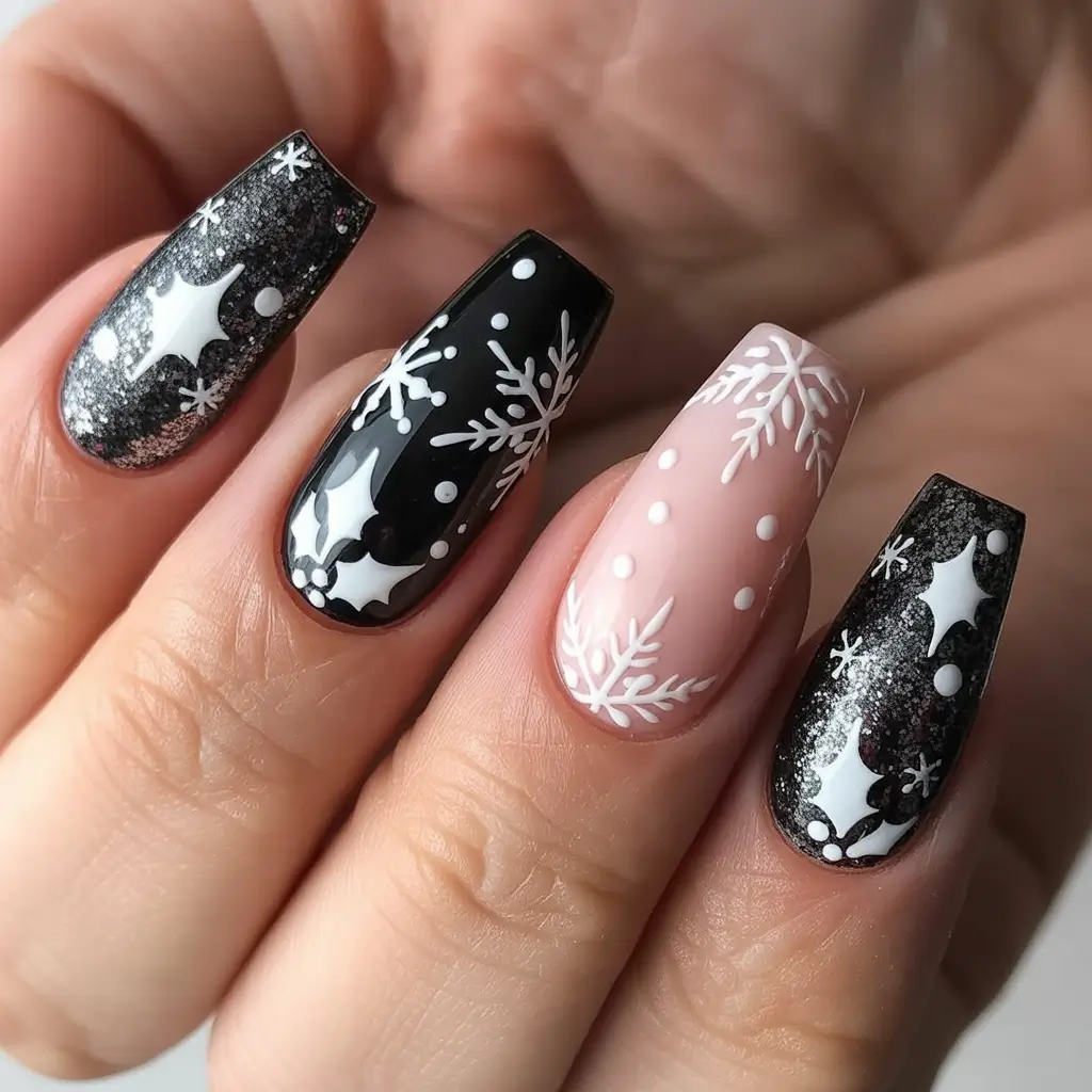 Trendy Black Nail Ideas for Christmas 2025 Black Snowfall Elegance