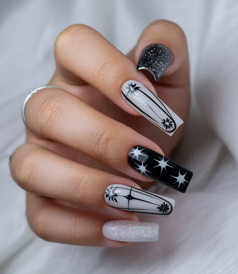 Trendy Black Nail Ideas for Christmas 2025 Starburst Black and White