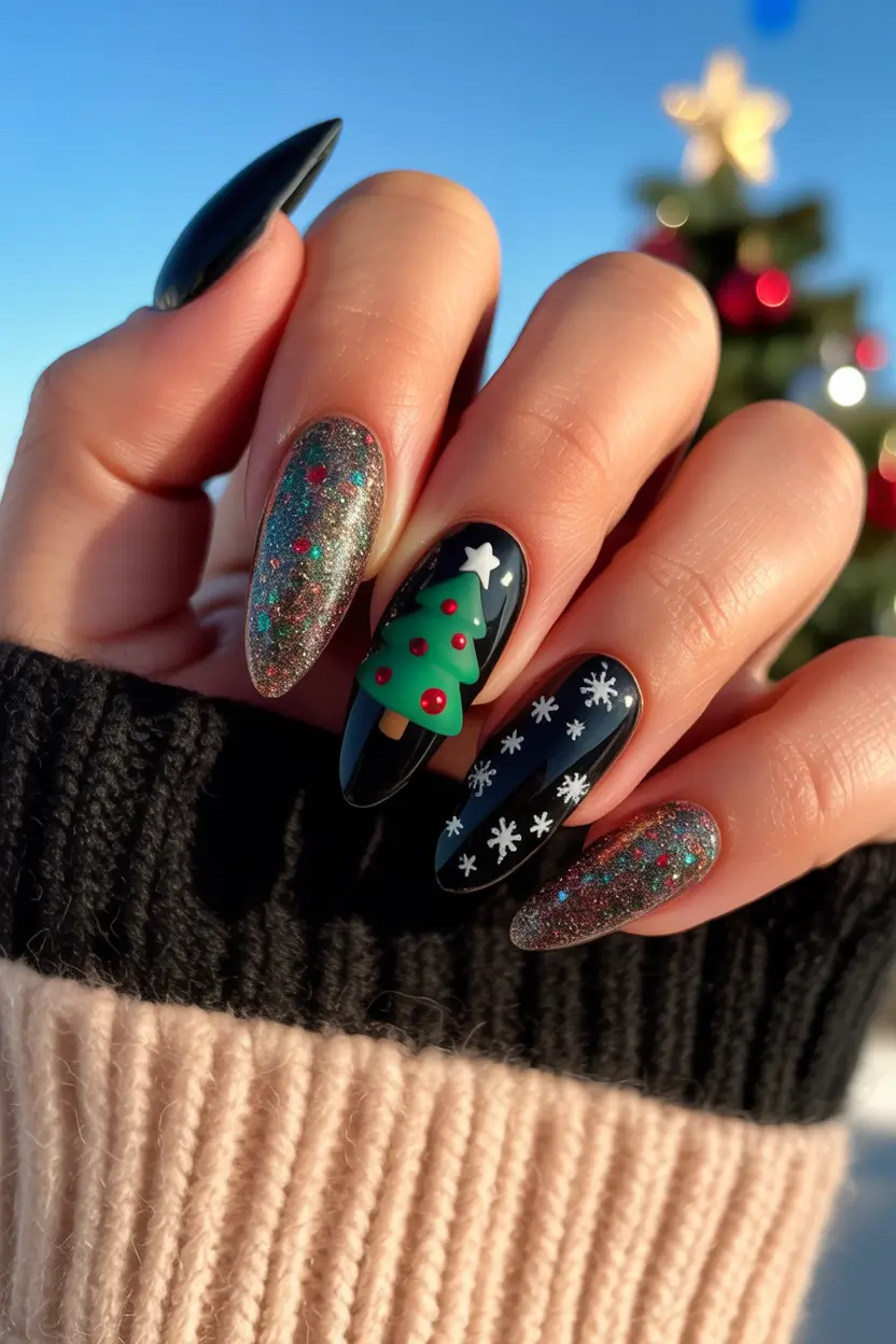 Trendy Black Nail Ideas for Christmas 2025 3D Christmas Tree Sparkle