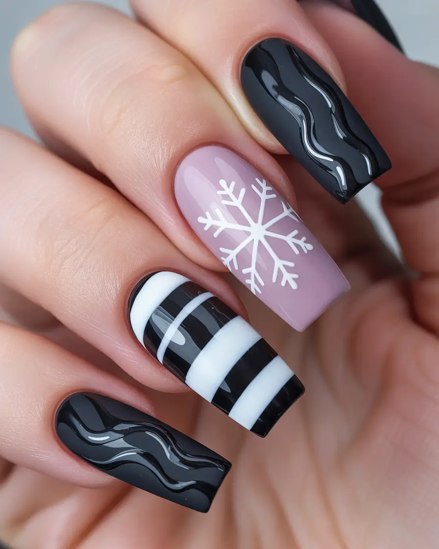Trendy Black Nail Ideas for Christmas 2025 Snowflake and Stripes Play