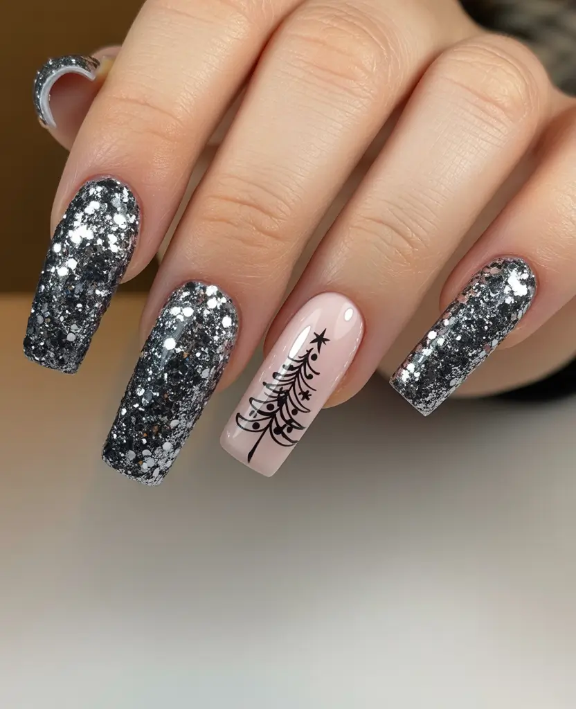 Trendy Black Nail Ideas for Christmas 2025 Silver Glitter Forest