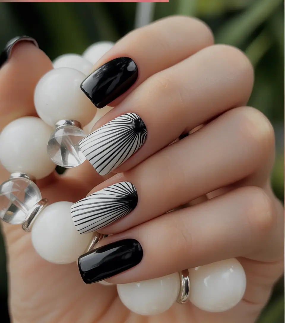 Trendy Black Nail Ideas for Christmas 2025 Black and White Burst Lines