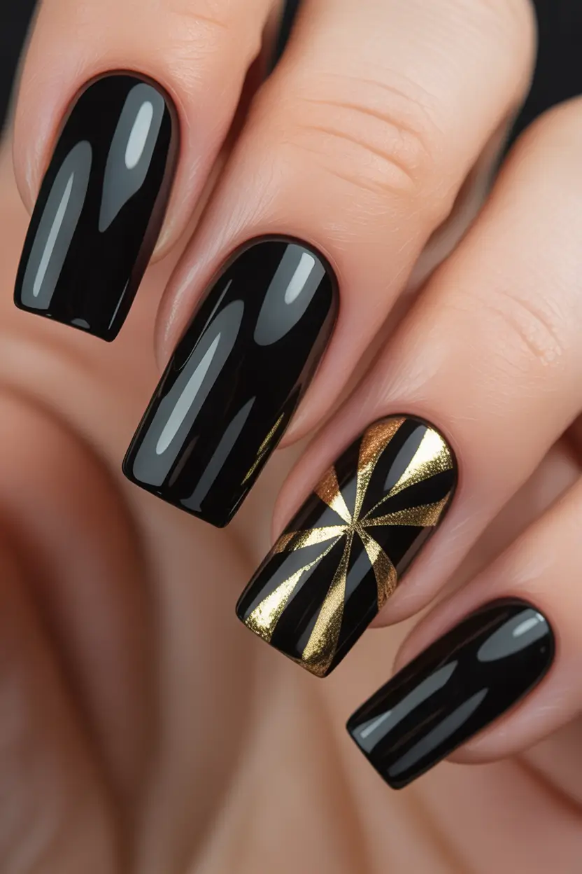 Trendy Black Nail Ideas for Christmas 2025 Golden Pinwheel Glam