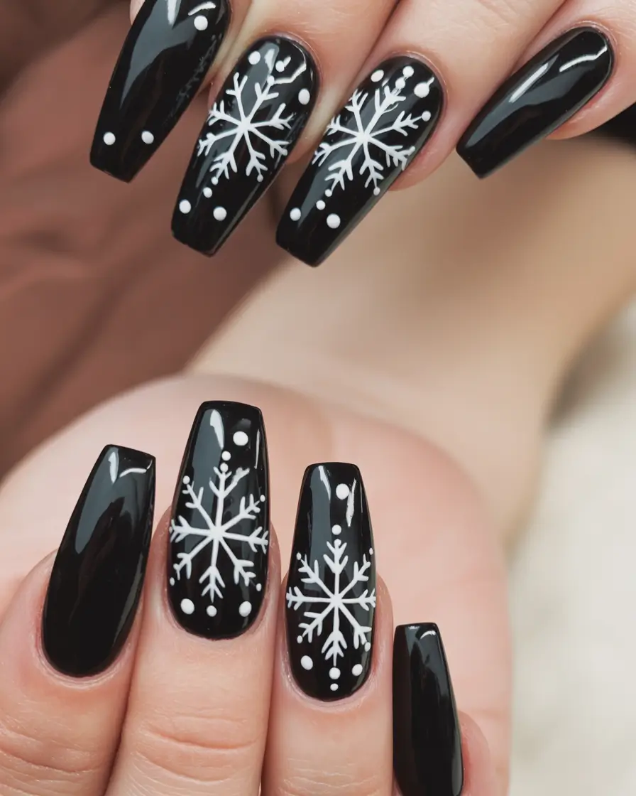 Trendy Black Nail Ideas for Christmas 2025 Snowflake Chic