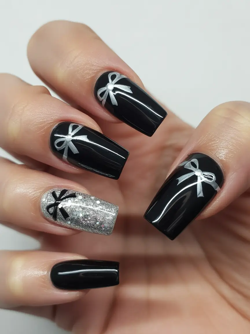 Trendy Black Nail Ideas for Christmas 2025 Festive Ribbons and Bows