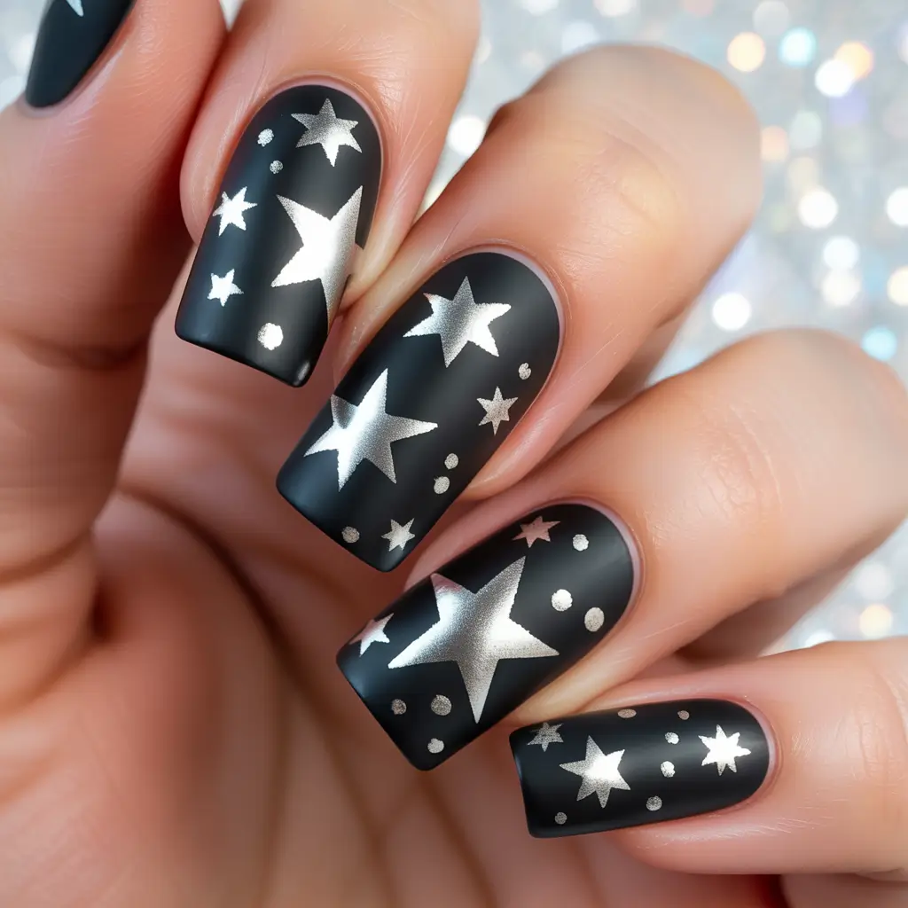 Trendy Black Nail Ideas for Christmas 2025 Starlit Silver Dream
