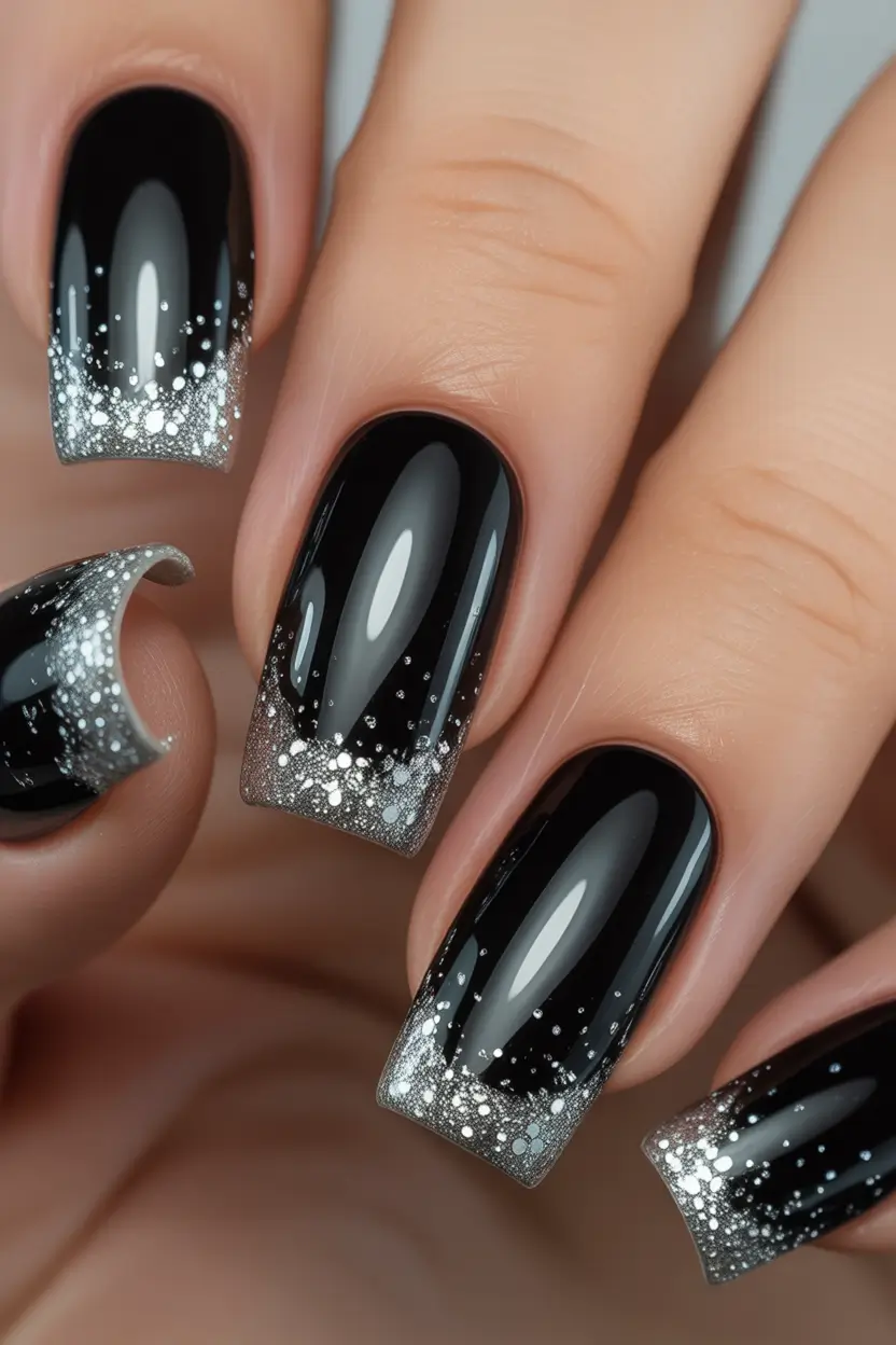Trendy Black Nail Ideas for Christmas 2025 Silver-Tipped Black French