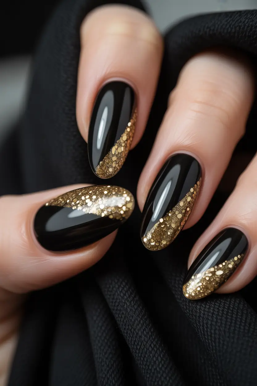 Trendy Black Nail Ideas for Christmas 2025 Golden Edge Glam
