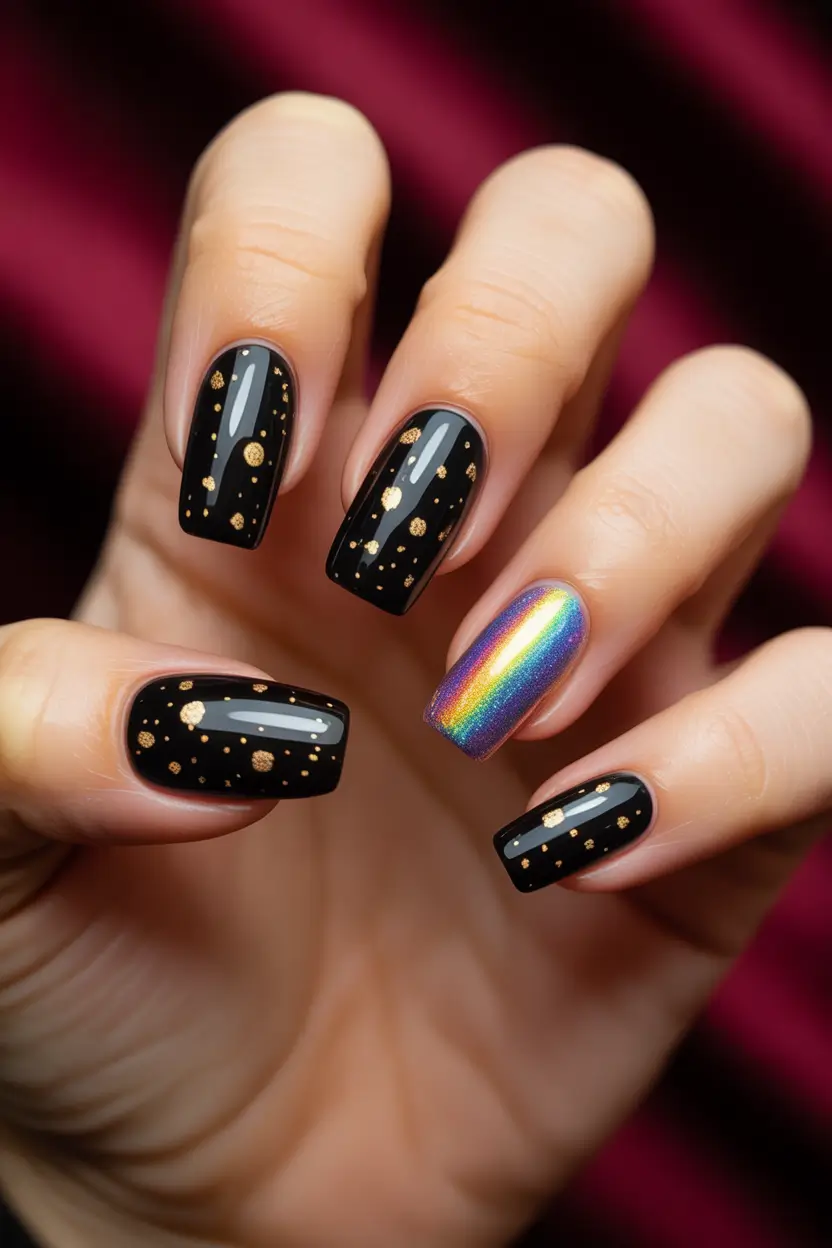 Trendy Black Nail Ideas for Christmas 2025 Galaxy Glow