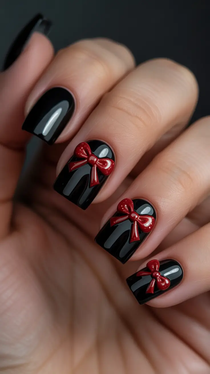 Trendy Black Nail Ideas for Christmas 2025 Red Bows and Midnight Charm