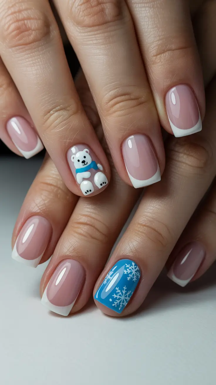 Trendy French Nail Ideas Christmas 2025 Playful Polar Bear Charm