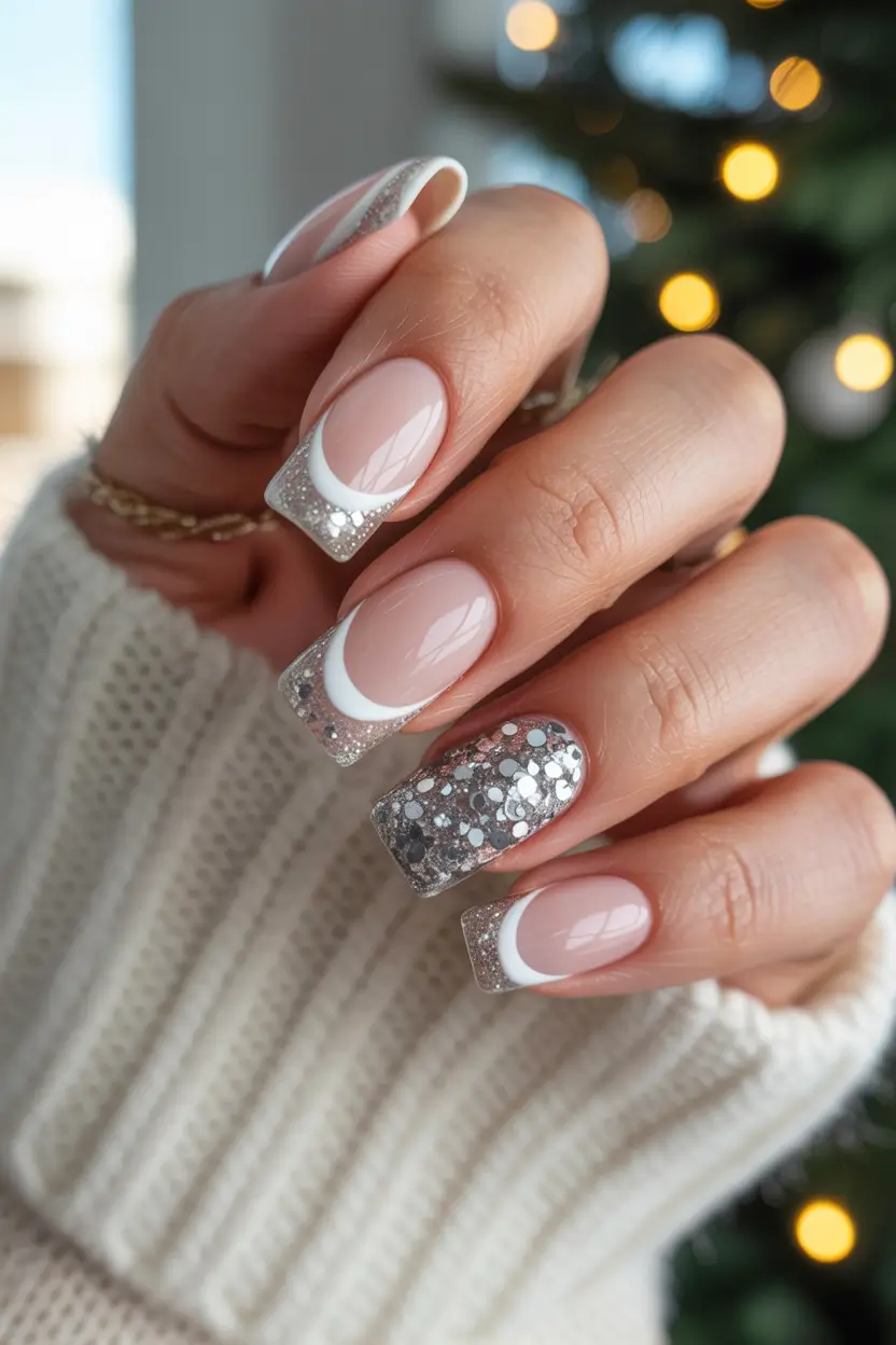 Trendy French Nail Ideas Christmas 2025 Silver Sparkle French