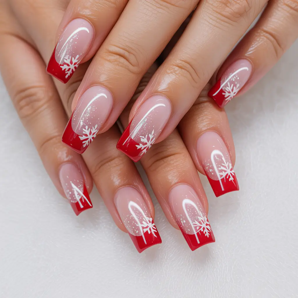 Trendy French Nail Ideas Christmas 2025 Classic Red Snowflake French