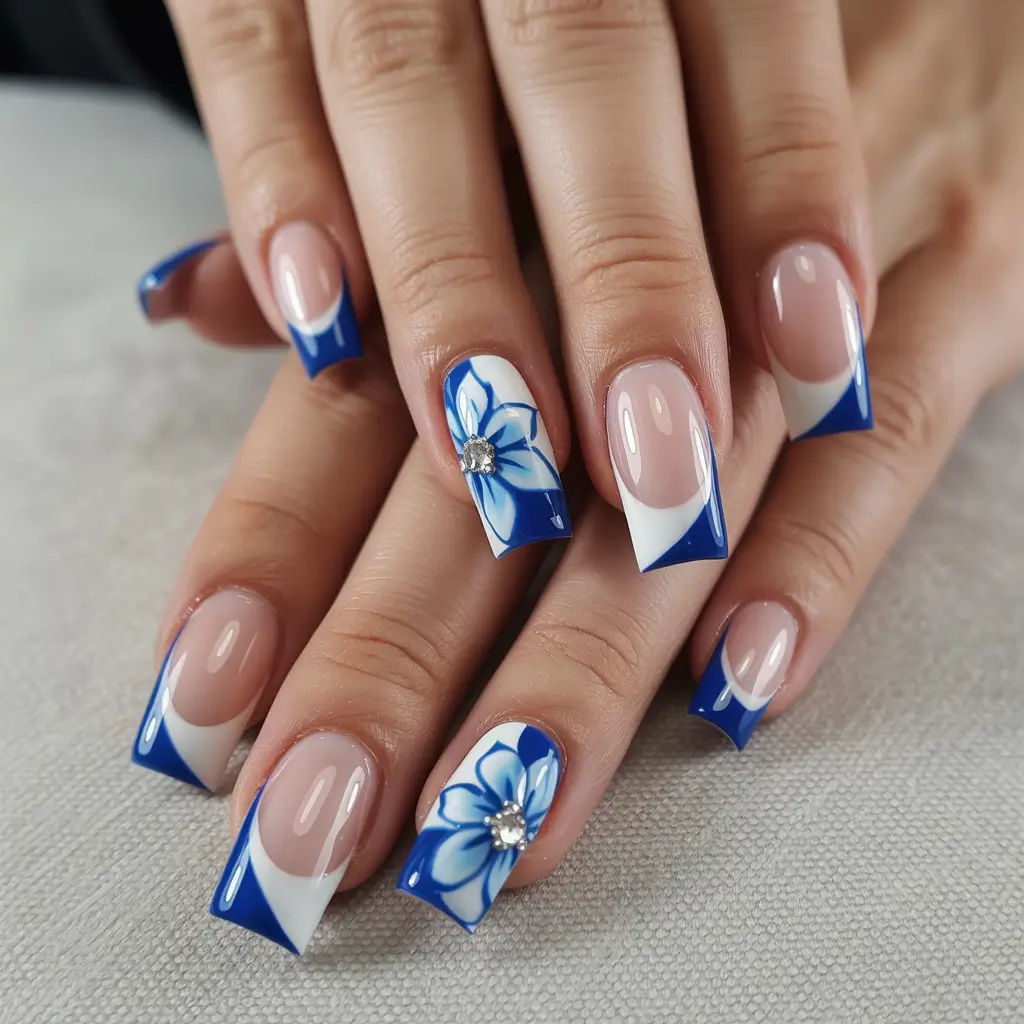 Trendy French Nail Ideas Christmas 2025 Royal Blue Bloom French