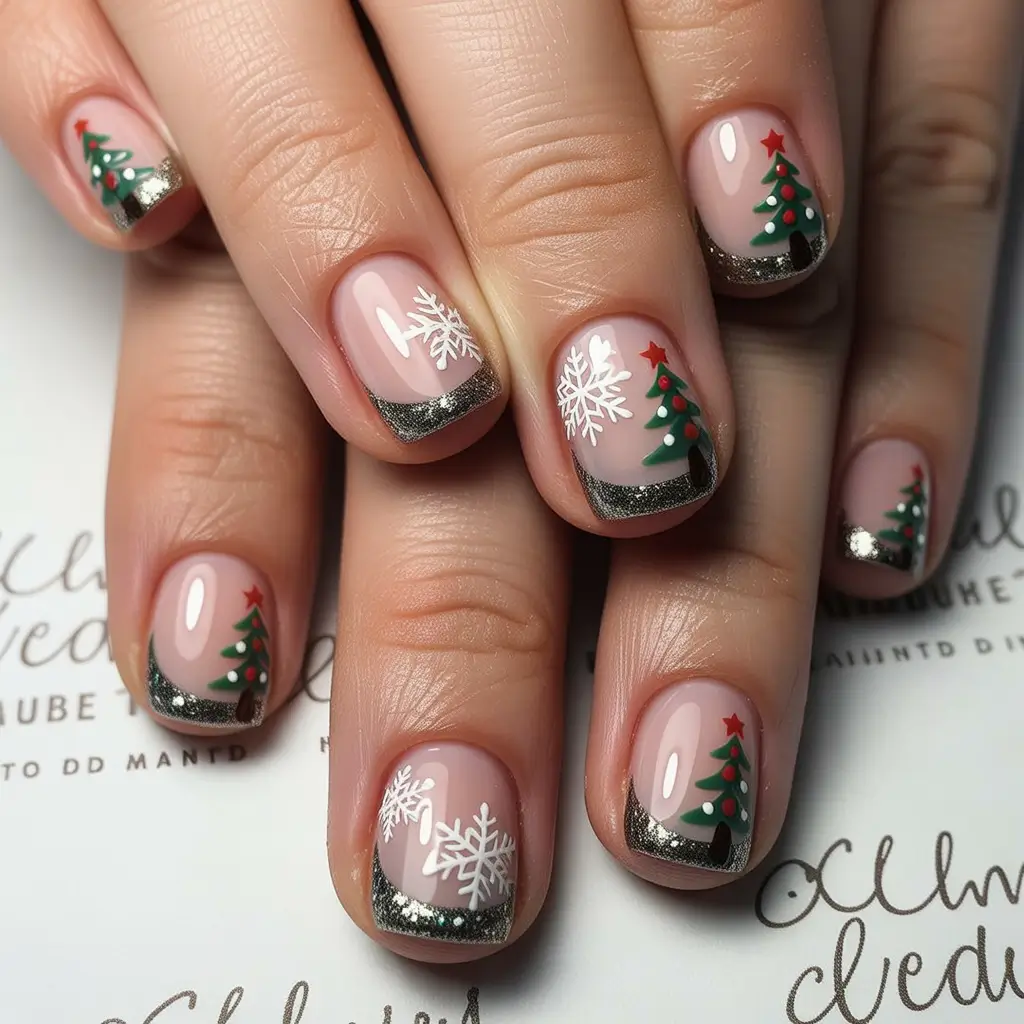 Trendy French Nail Ideas Christmas 2025 Mini Christmas Forest French