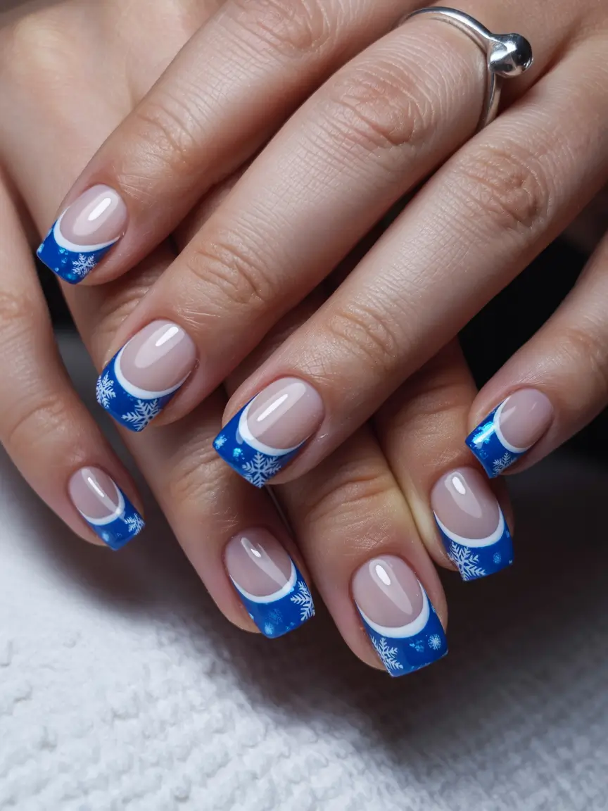 Trendy French Nail Ideas Christmas 2025 Blue Blizzard French