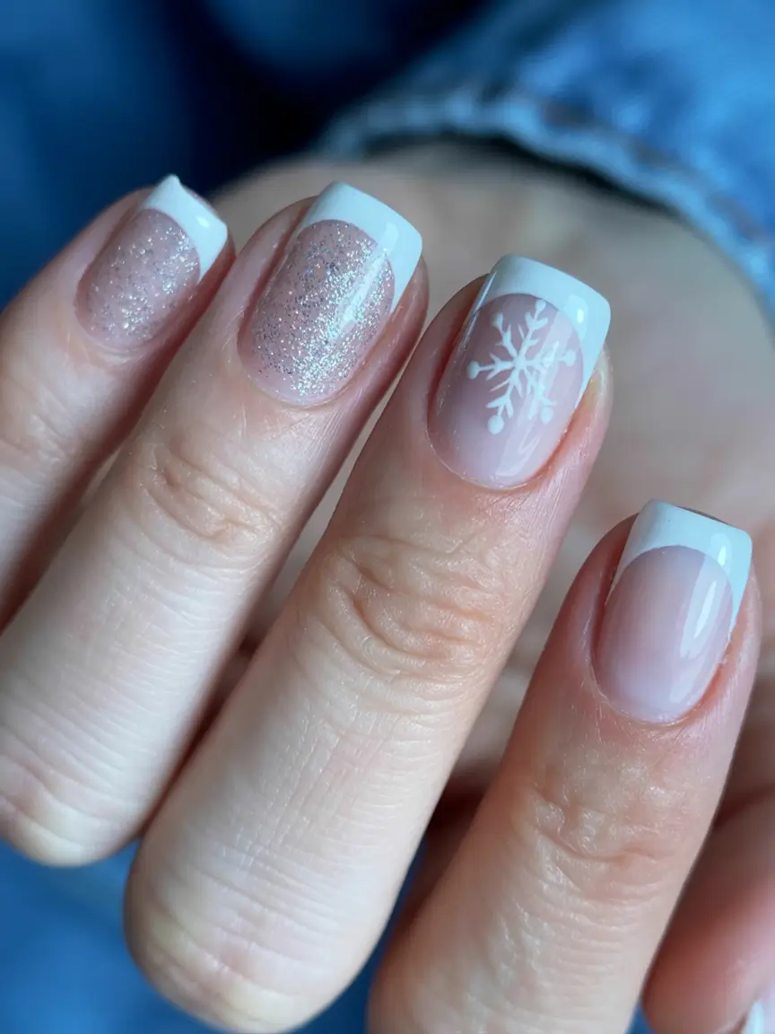Trendy French Nail Ideas Christmas 2025 Frosted Snowflake French