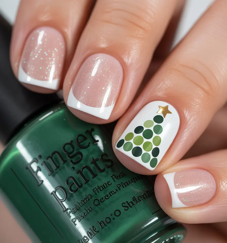 Trendy French Nail Ideas Christmas 2025 White Sparkle and Christmas Tree French