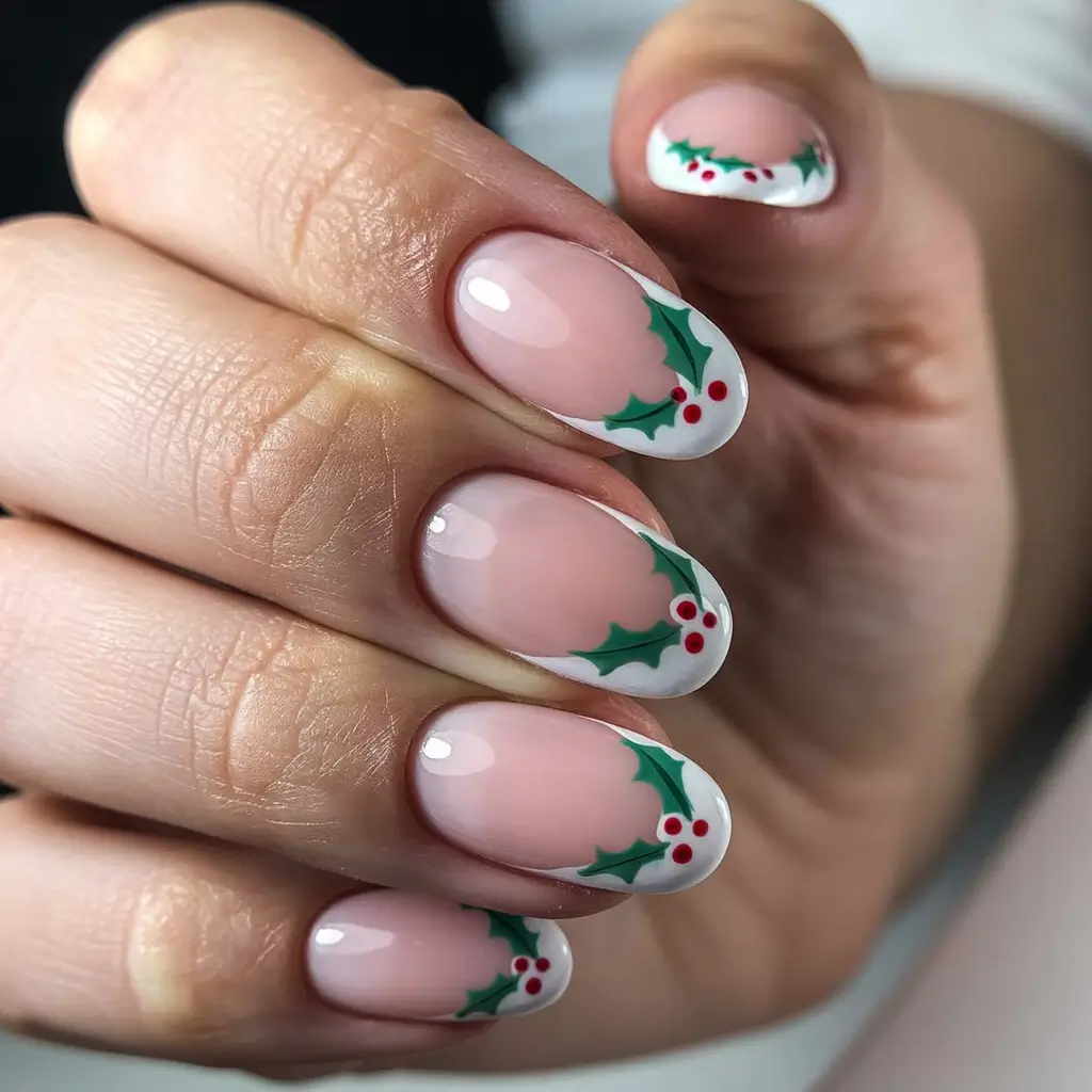 Trendy French Nail Ideas Christmas 2025 Holly French Elegance