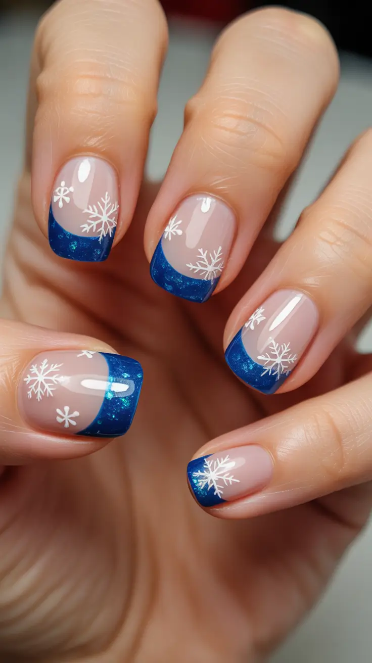 Trendy French Nail Ideas Christmas 2025 Blue Ice Snowflake French