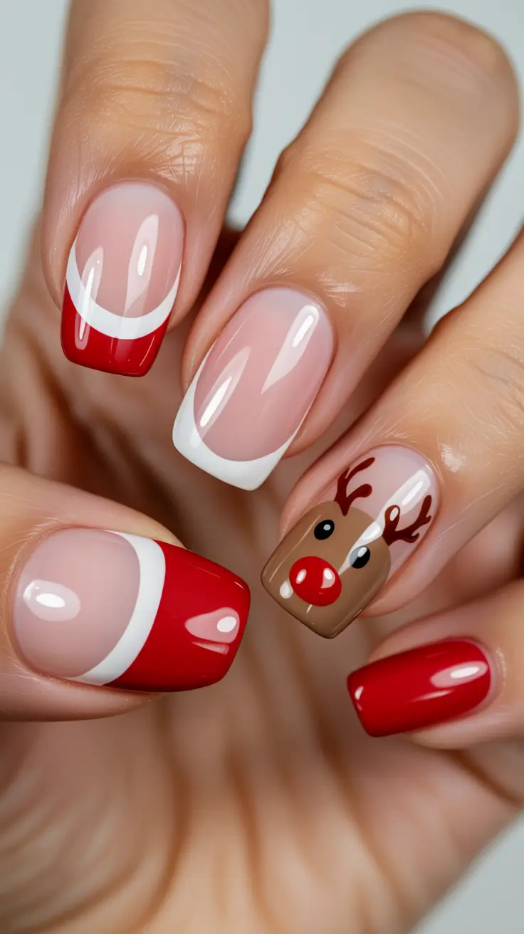 Trendy French Nail Ideas Christmas 2025 Rudolph Red French