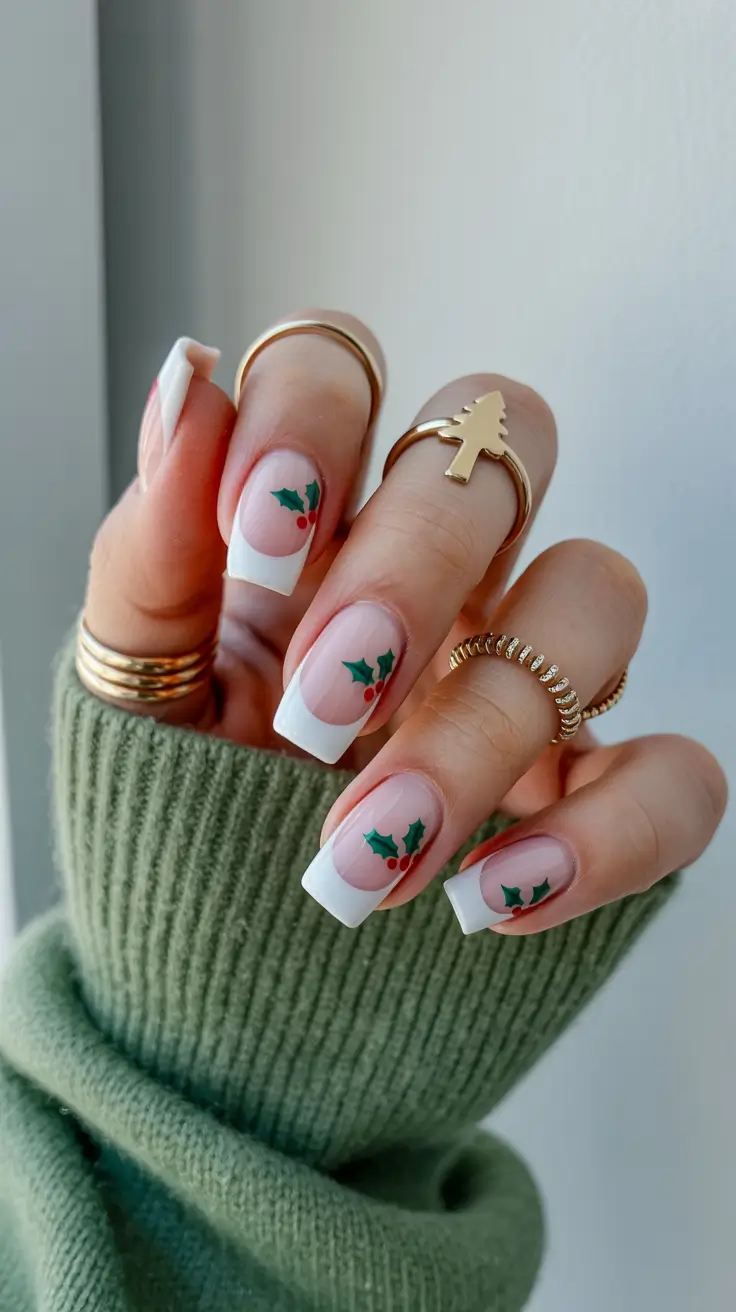 Trendy French Nail Ideas Christmas 2025 Classic Holly French