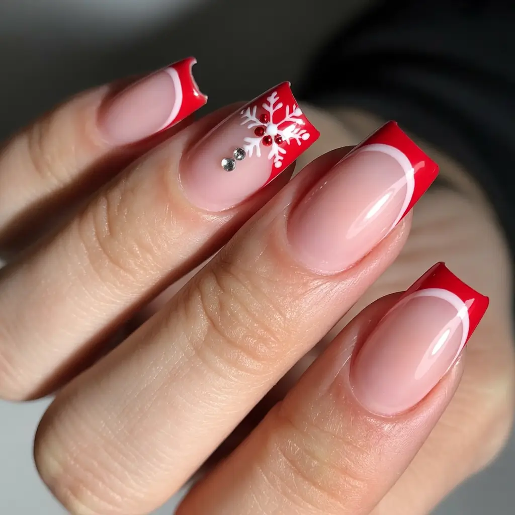 Trendy French Nail Ideas Christmas 2025 Red Snowflake Chic