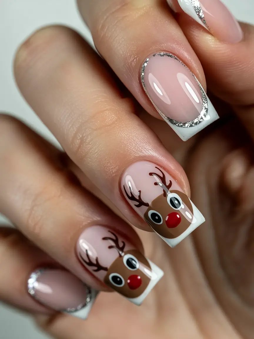 Trendy French Nail Ideas Christmas 2025 Reindeer French with Silver Spark