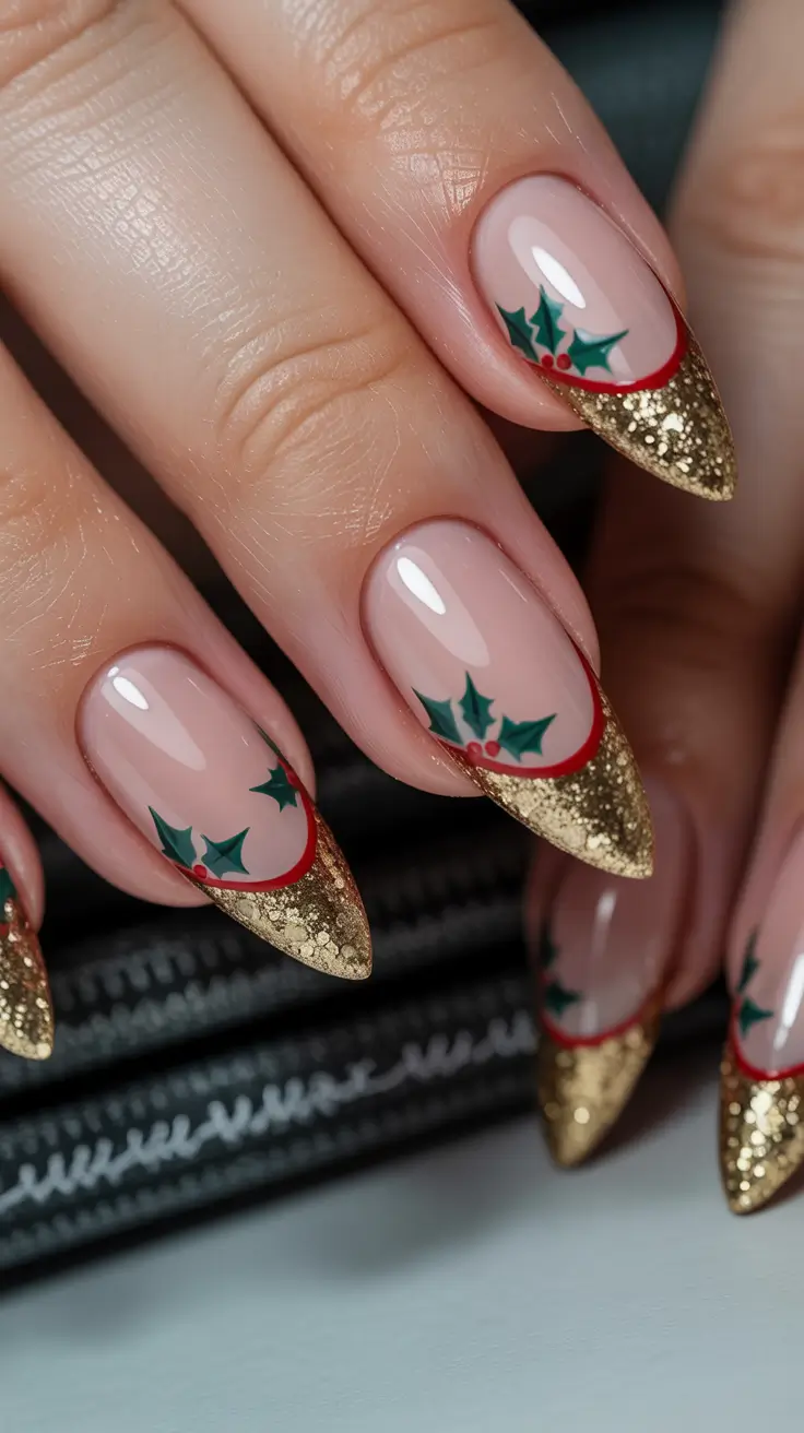 Trendy French Nail Ideas Christmas 2025 Golden Holly Almond French
