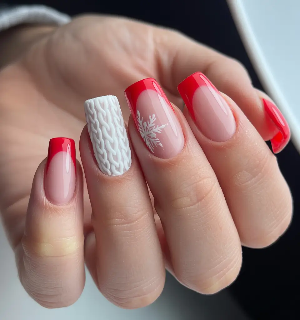 Trendy French Nail Ideas Christmas 2025 Red Velvet French with Knitted Accent