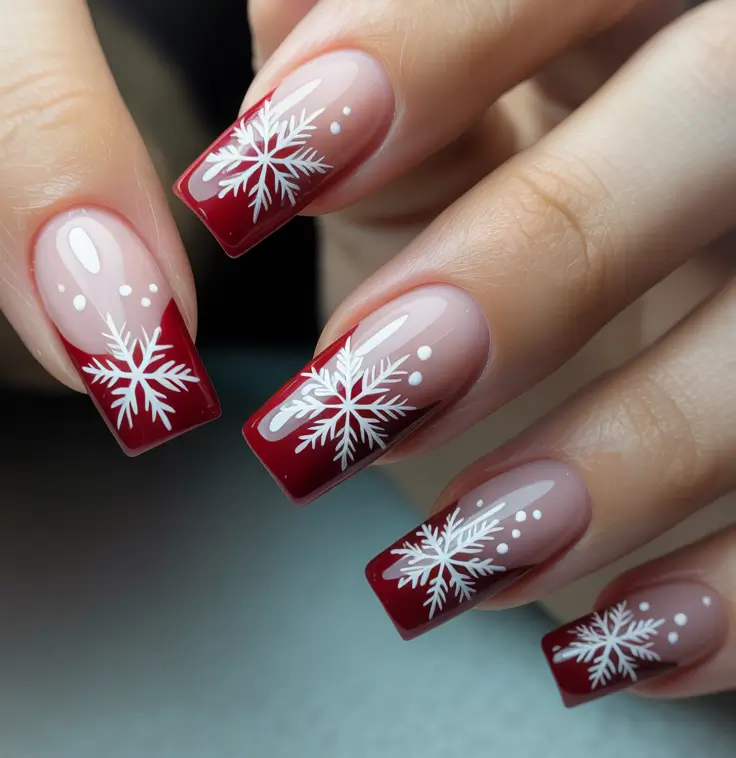 Trendy French Nail Ideas Christmas 2025 Deep Crimson Snowflake French