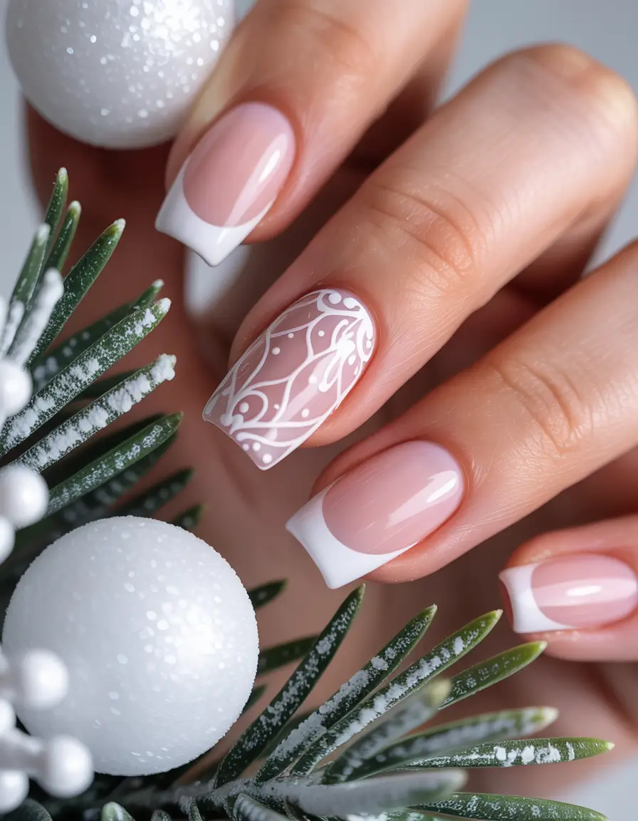 Trendy French Nail Ideas Christmas 2025 Snowy Lace French