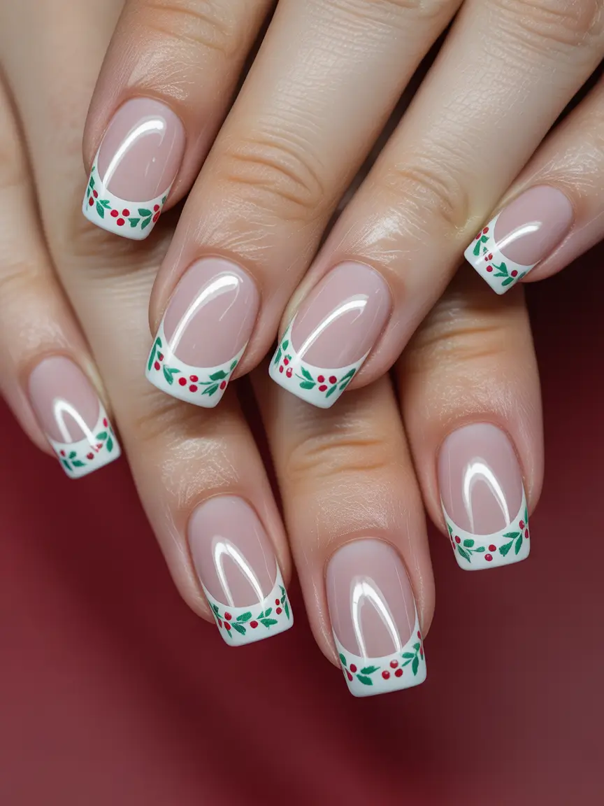 Trendy French Nail Ideas Christmas 2025 Festive Holly Garland French