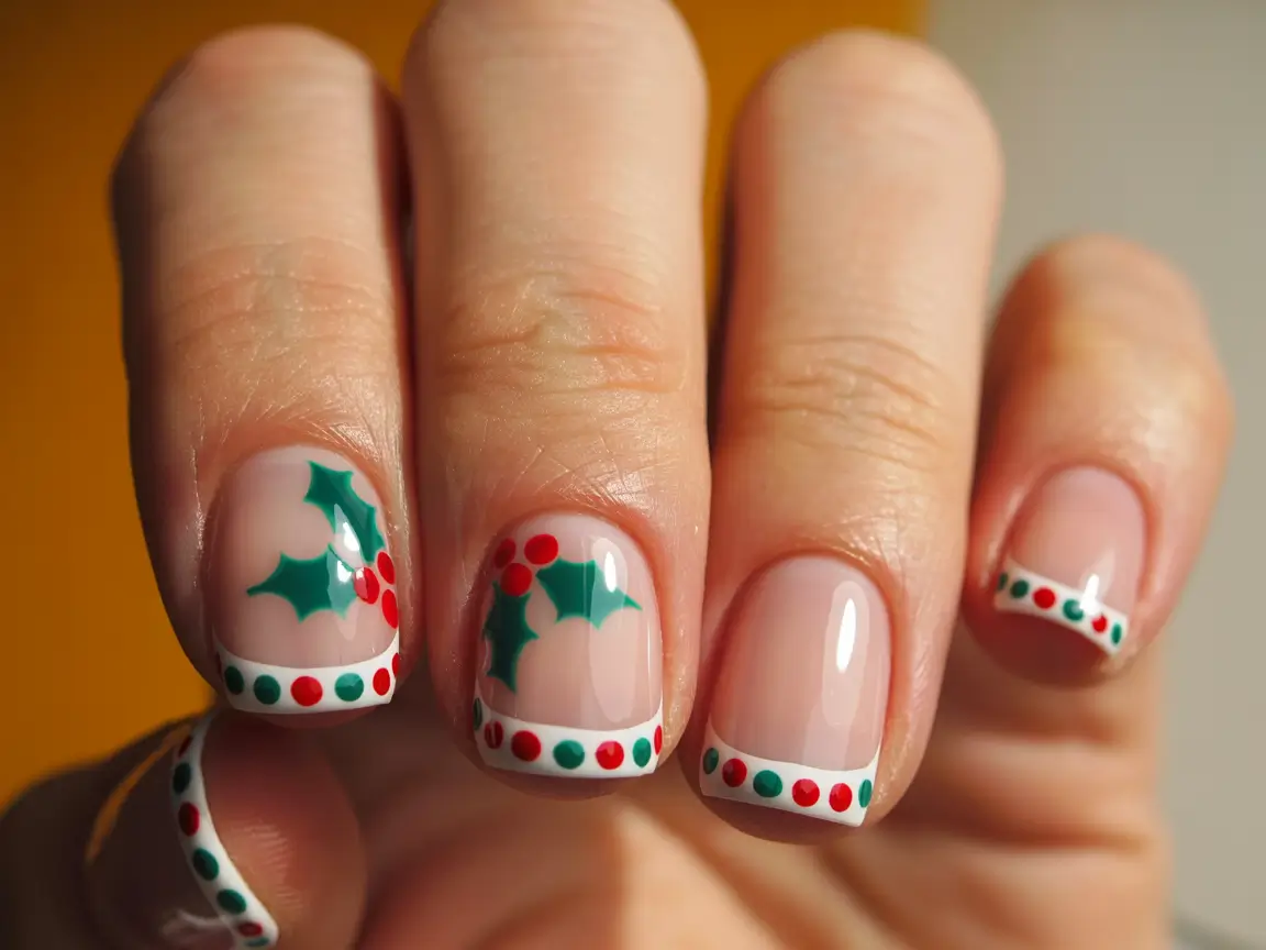 Trendy French Nail Ideas Christmas 2025 Cheerful Polka & Holly Mix