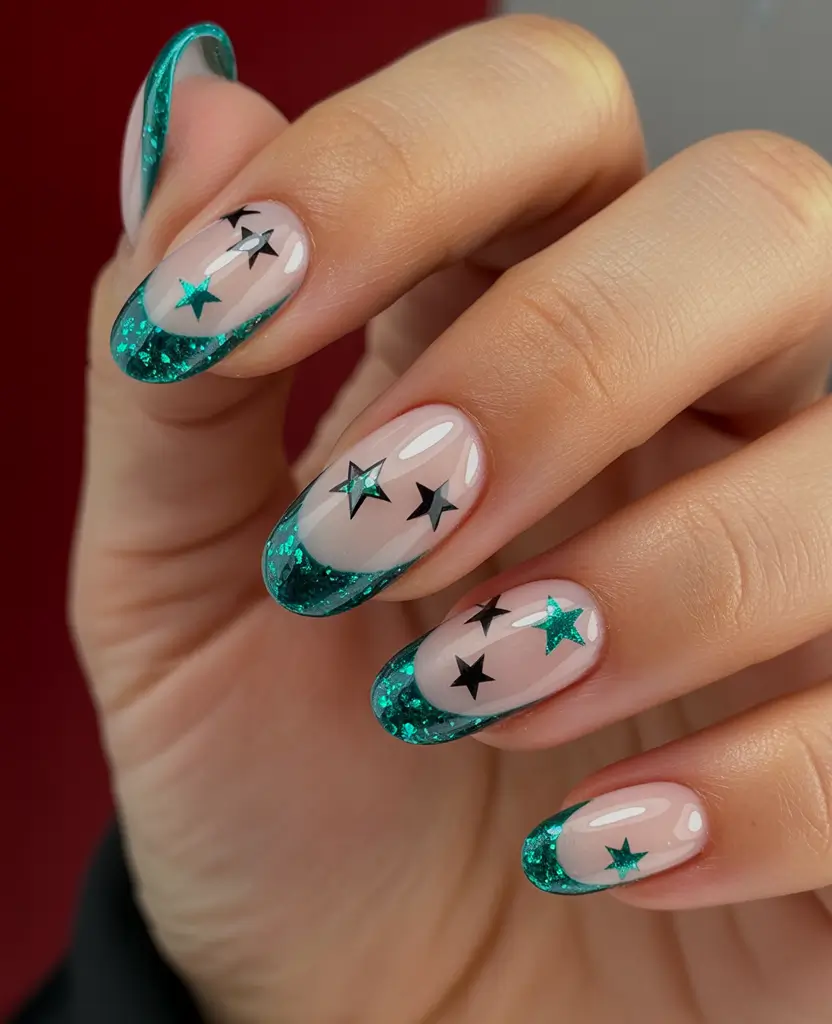 Trendy French Nails Ideas Winter 2025–2026 Emerald Star French