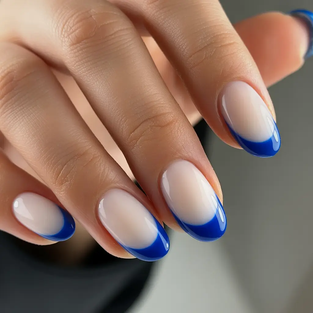 Trendy French Nails Ideas Winter 2025–2026 Classic Blue Shine