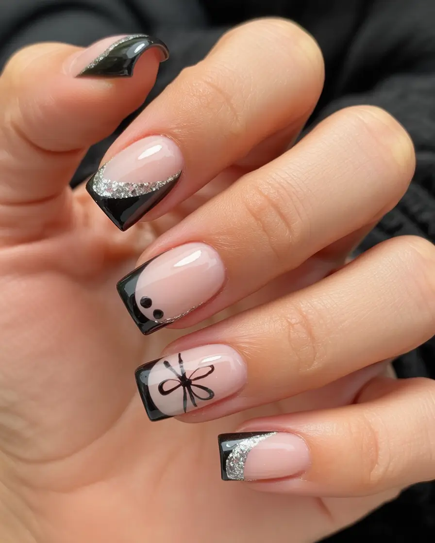 Trendy French Nails Ideas Winter 2025–2026 Black Bow Charm