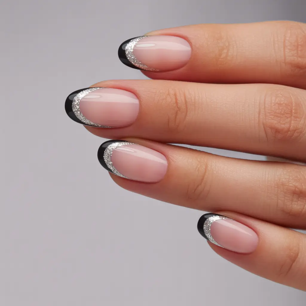 Trendy French Nails Ideas Winter 2025–2026 Midnight Silver French
