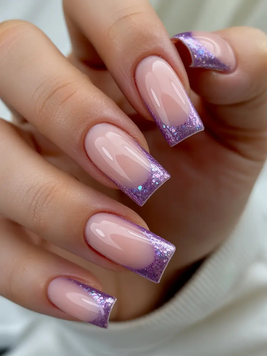 Trendy French Nails Ideas Winter 2025–2026 Lavender Glitter French