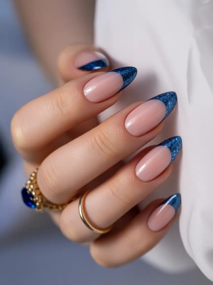 Trendy French Nails Ideas Winter 2025–2026 Royal Blue Sparkle