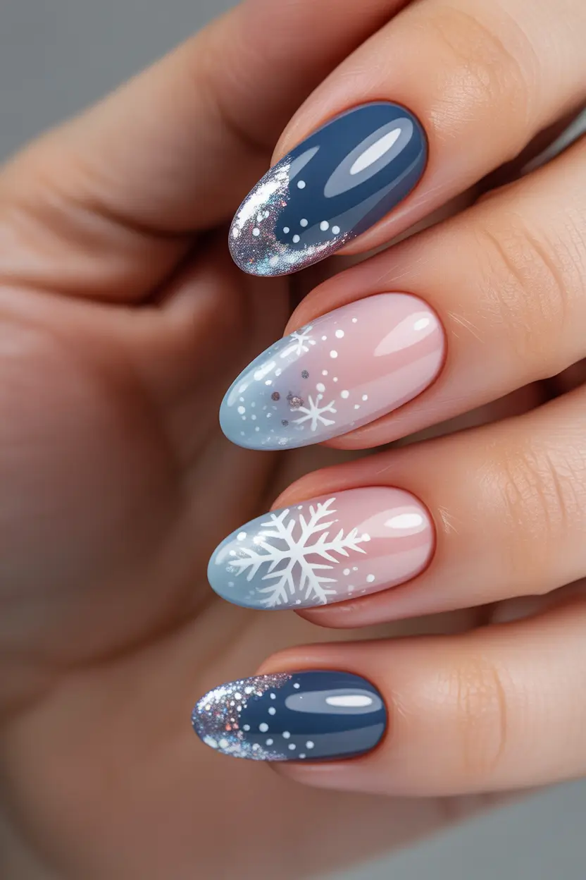 Trendy French Nails Ideas Winter 2025–2026 Snowflake Magic