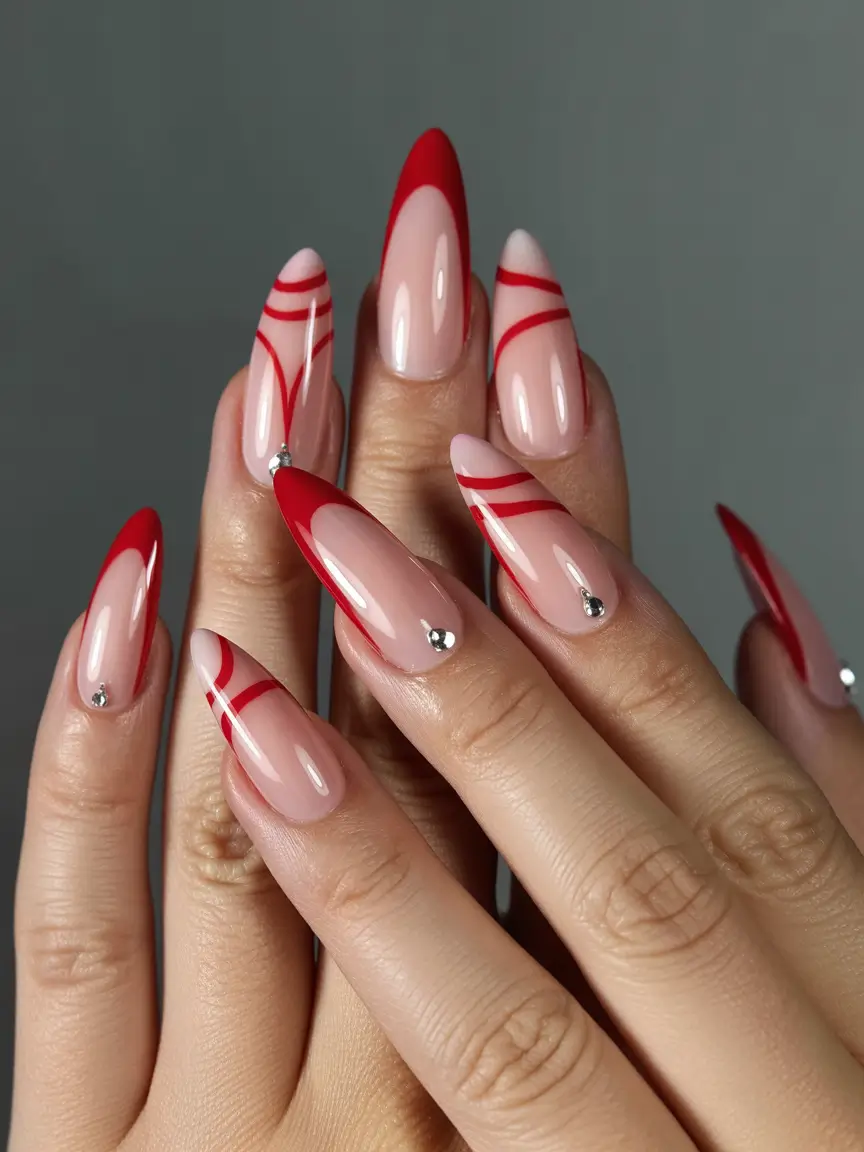 Trendy French Nails Ideas Winter 2025–2026 Red Candy Swirl