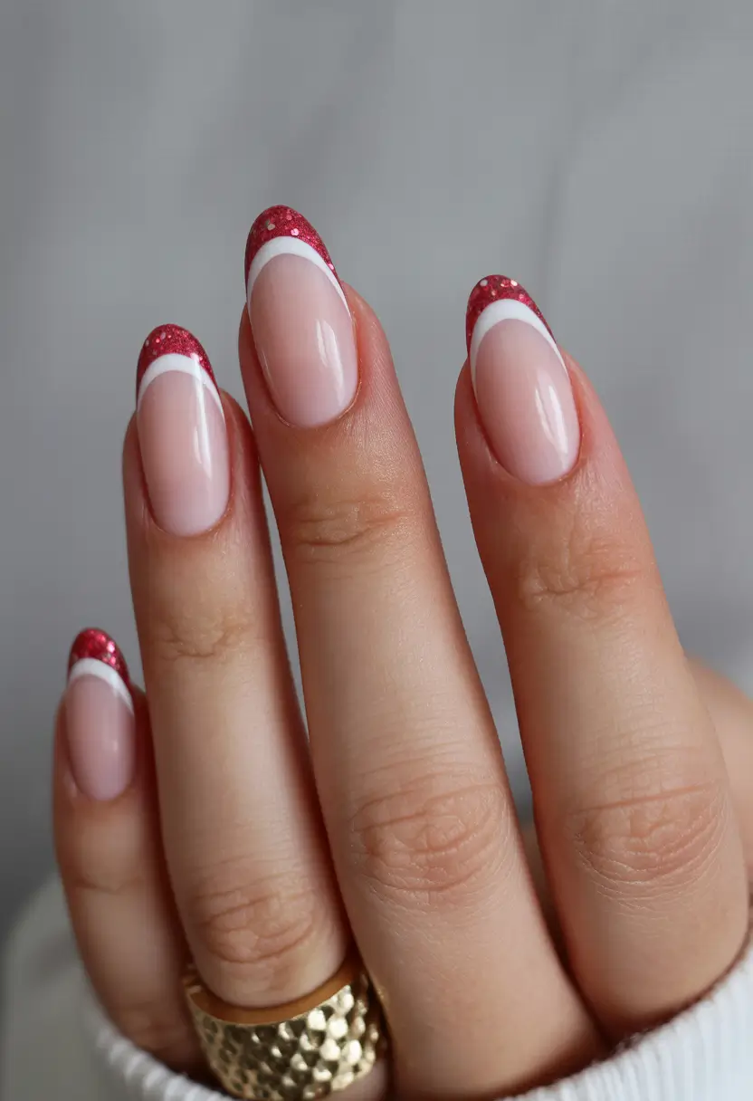 Trendy French Nails Ideas Winter 2025–2026 Red Sparkle Almond Tips