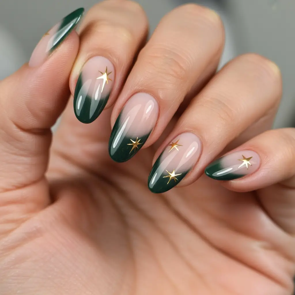 Trendy French Nails Ideas Winter 2025–2026 Green Starlight Tips