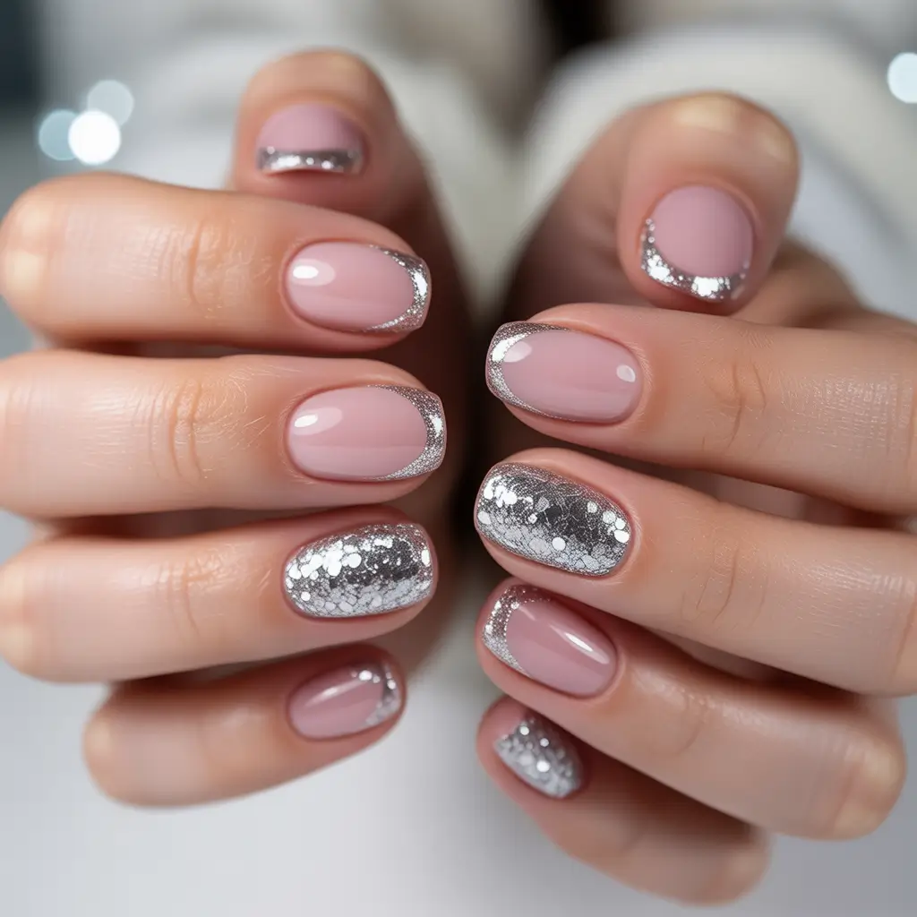 Trendy French Nails Ideas Winter 2025–2026 Silver Frost Short French